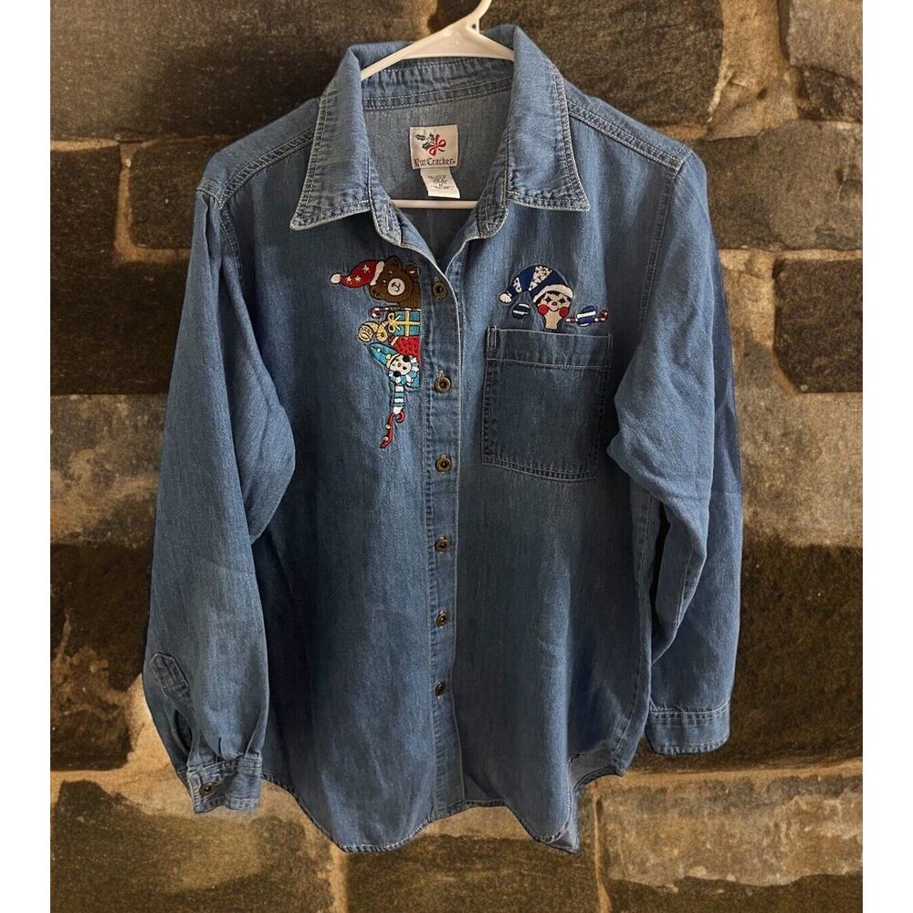 Nutcracker Womens Christmas Denim‎ Cotton Button Up Shirt Size Med Embroidered